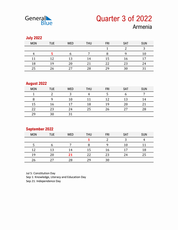 Printable Three Month Calendar with Armenia Holidays