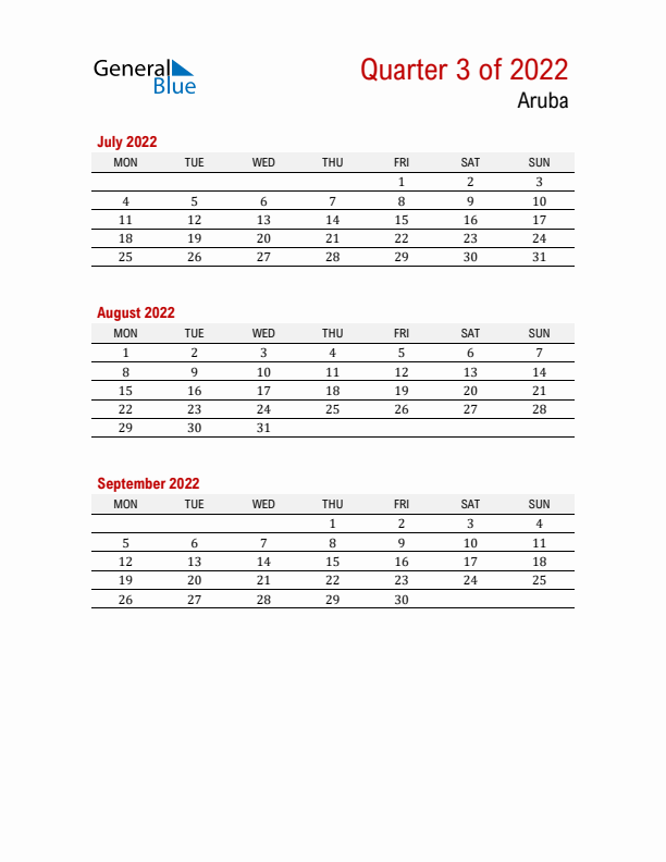 Printable Three Month Calendar with Aruba Holidays