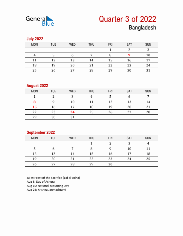 Printable Three Month Calendar with Bangladesh Holidays