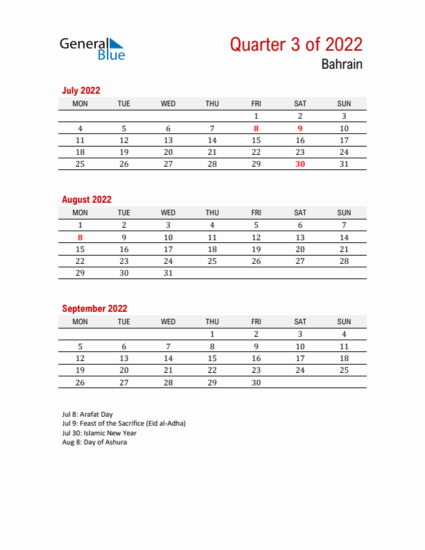 Printable Three Month Calendar with Bahrain Holidays