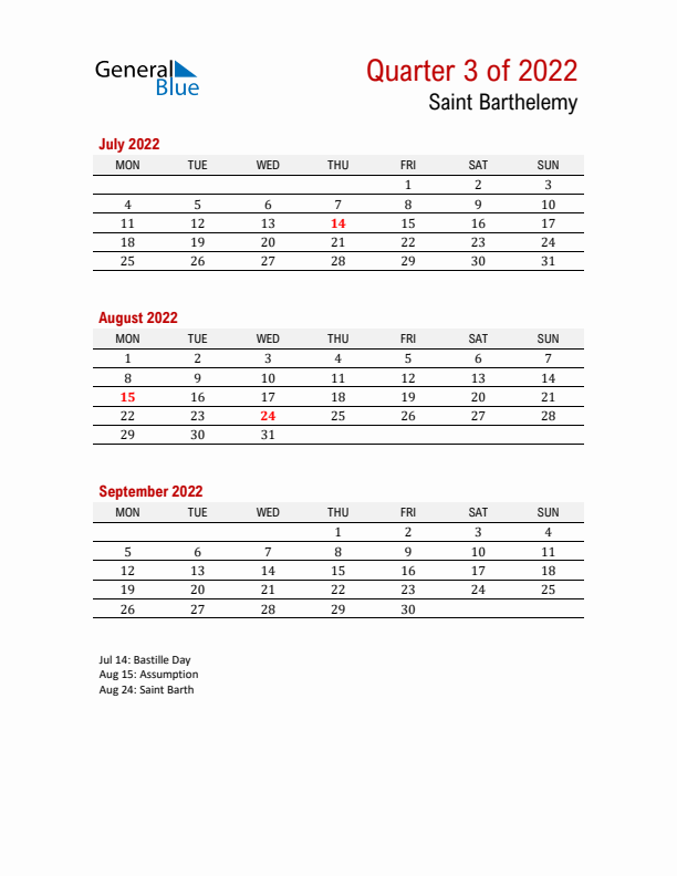 Printable Three Month Calendar with Saint Barthelemy Holidays