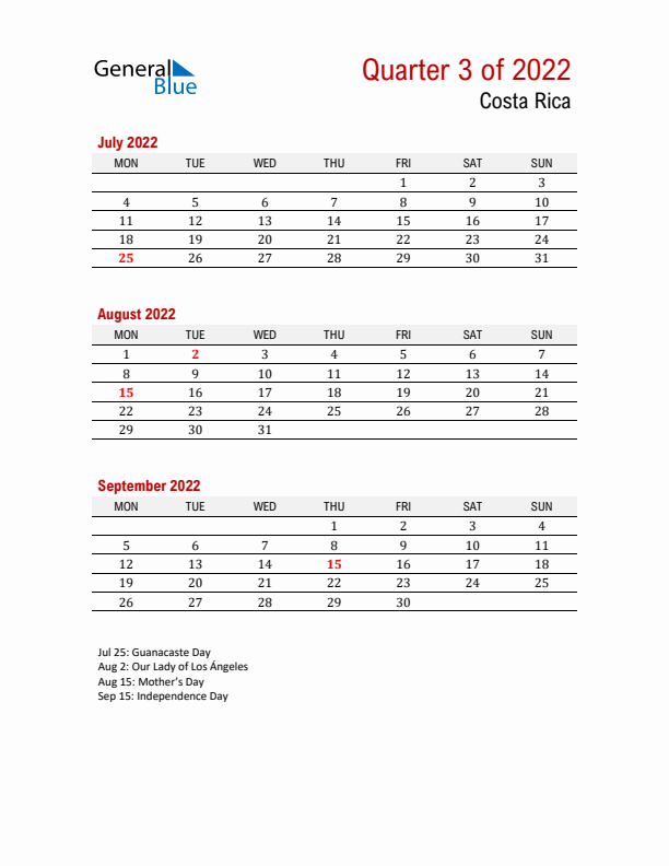 Printable Three Month Calendar with Costa Rica Holidays