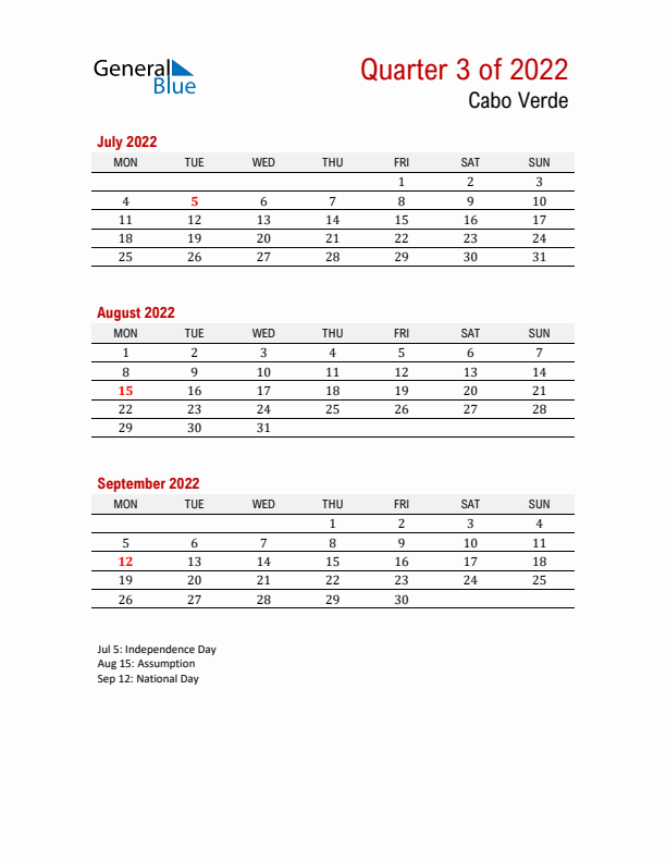 Printable Three Month Calendar with Cabo Verde Holidays