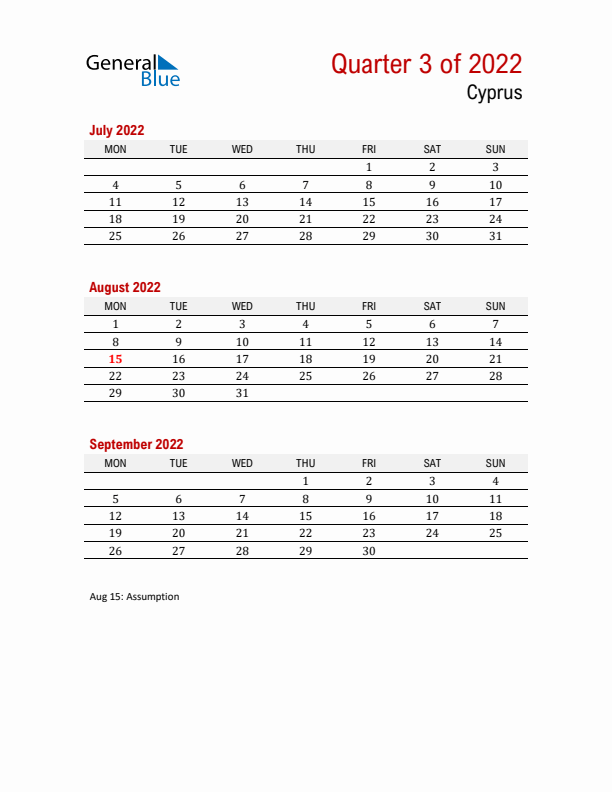 Printable Three Month Calendar with Cyprus Holidays