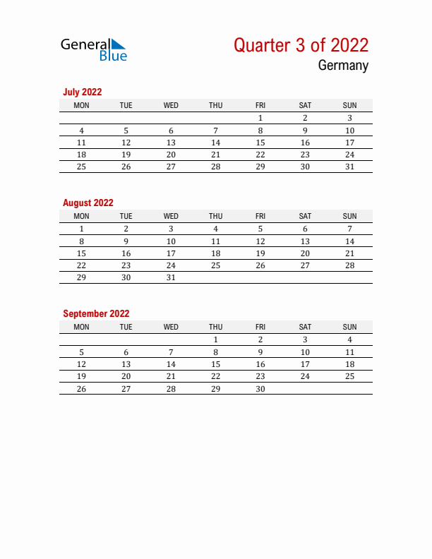 Printable Three Month Calendar with Germany Holidays