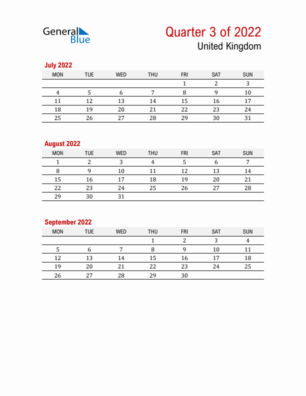 Printable Three Month Calendar with United Kingdom Holidays