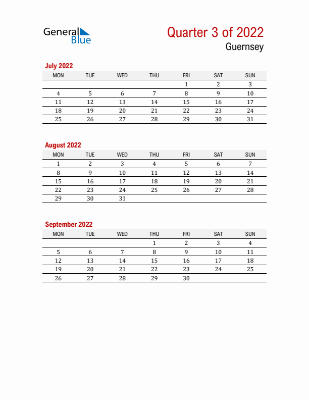 Printable Three Month Calendar with Guernsey Holidays