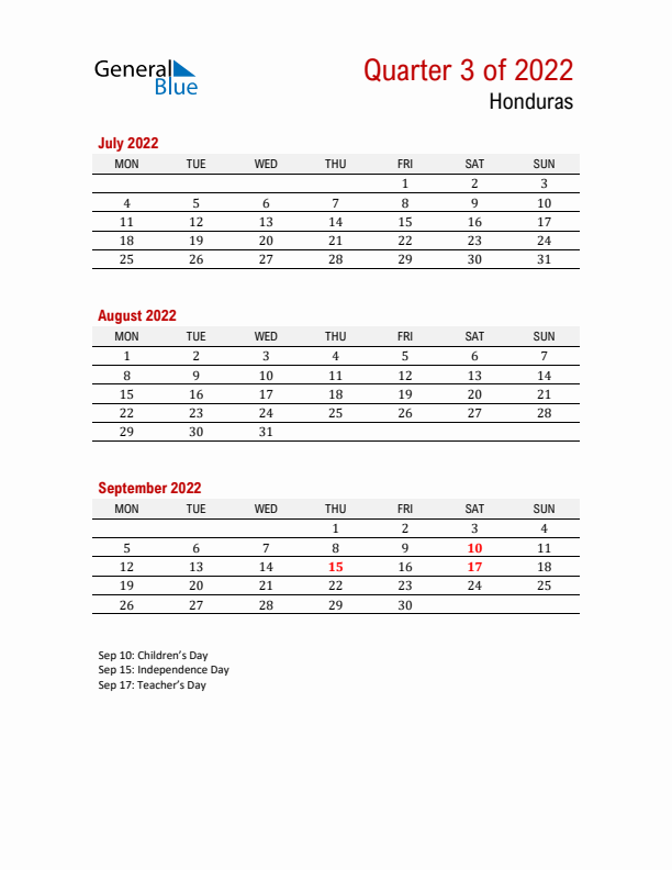 Printable Three Month Calendar with Honduras Holidays