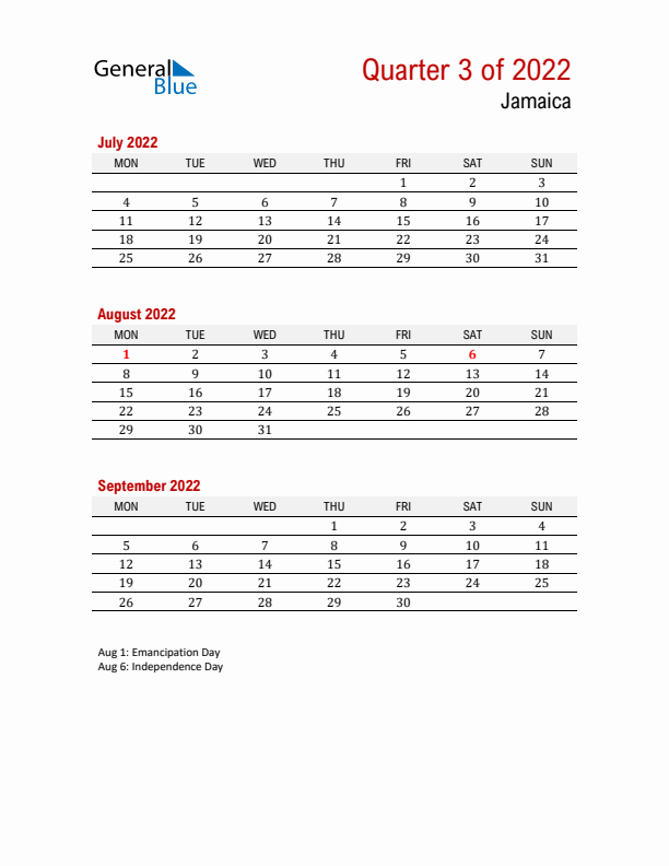 Printable Three Month Calendar with Jamaica Holidays