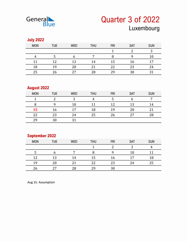 Printable Three Month Calendar with Luxembourg Holidays