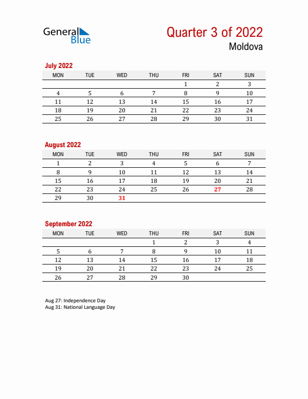 Printable Three Month Calendar with Moldova Holidays