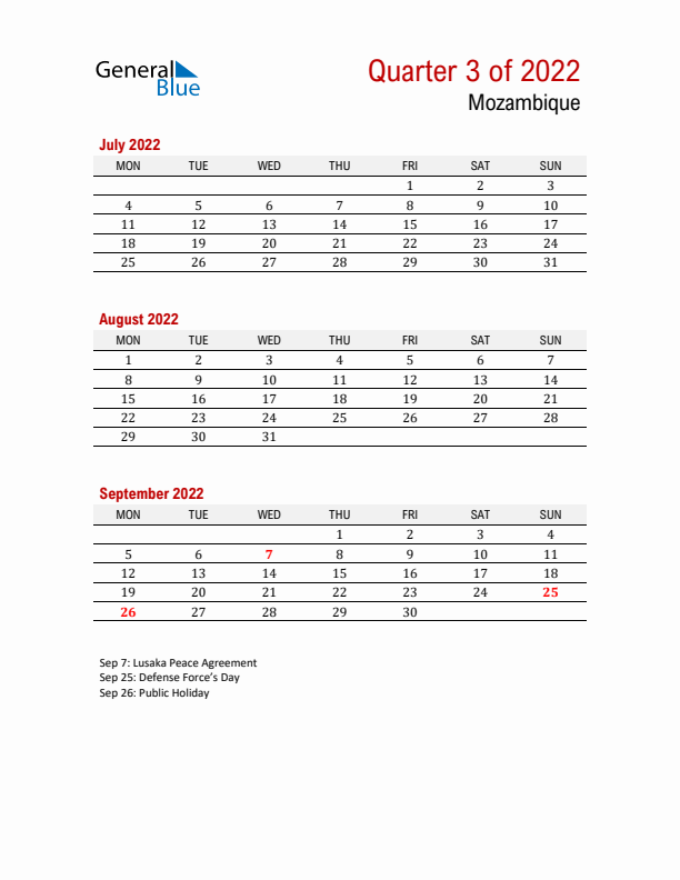 Printable Three Month Calendar with Mozambique Holidays