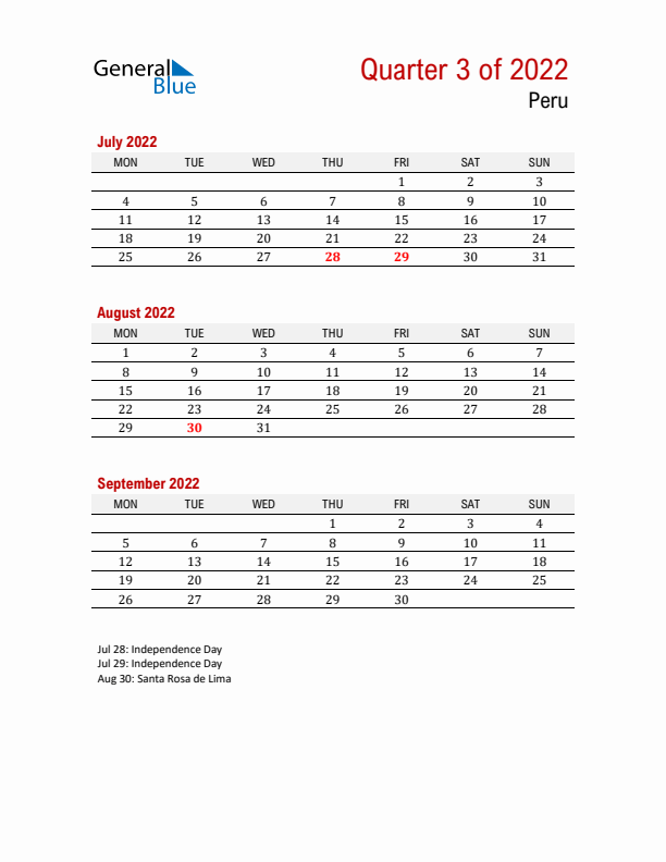 Printable Three Month Calendar with Peru Holidays