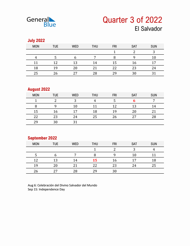 Printable Three Month Calendar with El Salvador Holidays