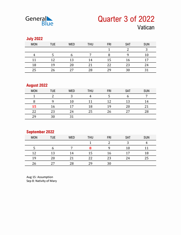 Printable Three Month Calendar with Vatican Holidays