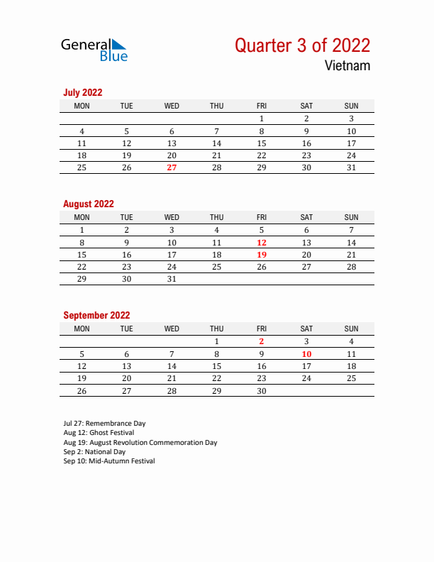 Printable Three Month Calendar with Vietnam Holidays