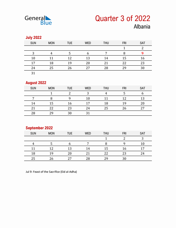 Printable Three Month Calendar with Albania Holidays