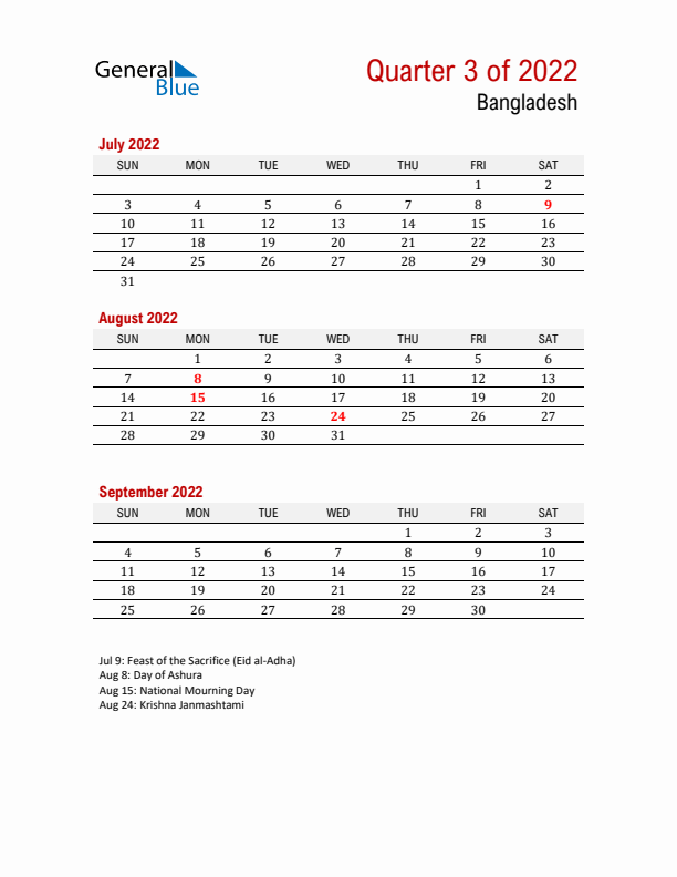 Printable Three Month Calendar with Bangladesh Holidays