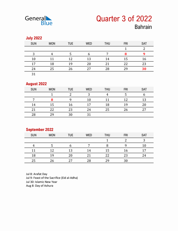 Printable Three Month Calendar with Bahrain Holidays