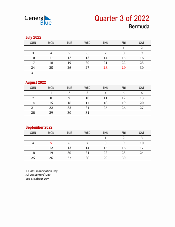 Printable Three Month Calendar with Bermuda Holidays