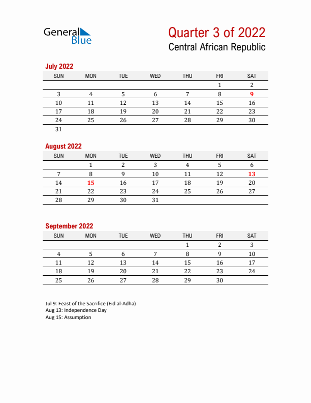 Printable Three Month Calendar with Central African Republic Holidays