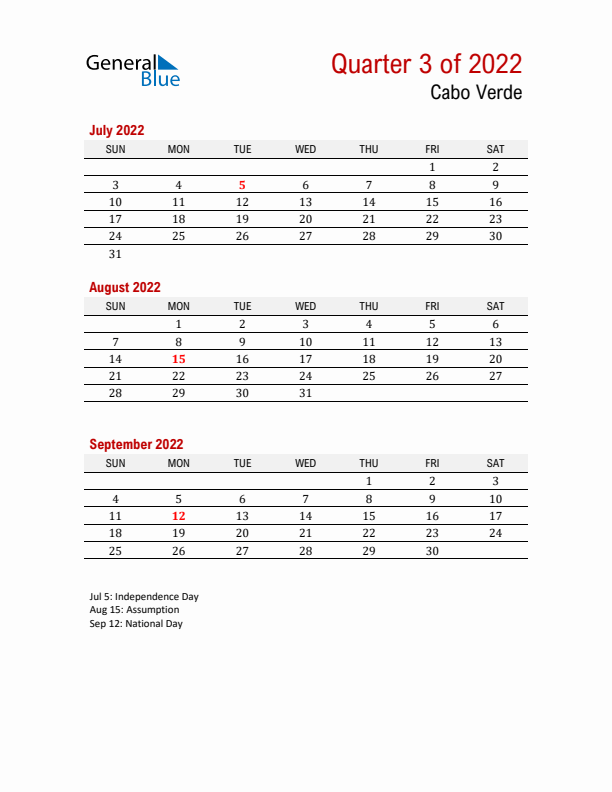 Printable Three Month Calendar with Cabo Verde Holidays