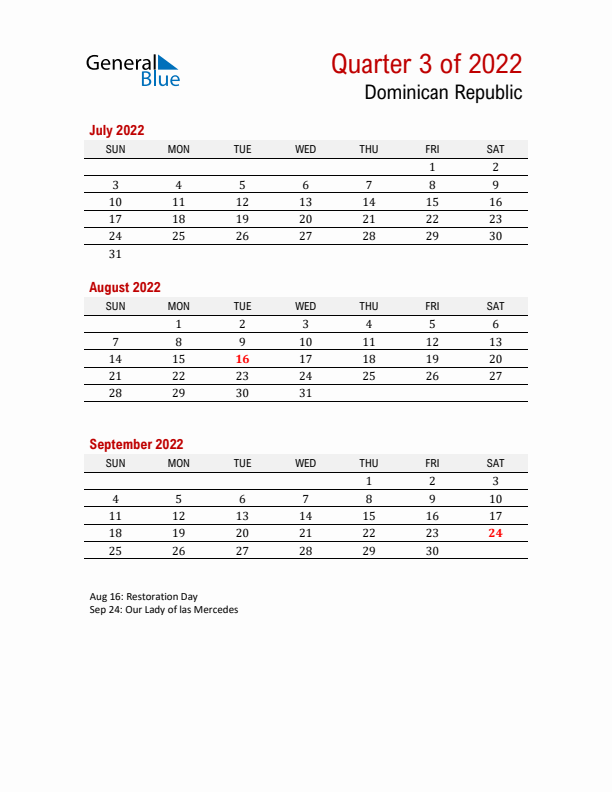 Printable Three Month Calendar with Dominican Republic Holidays