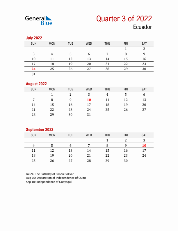 Printable Three Month Calendar with Ecuador Holidays