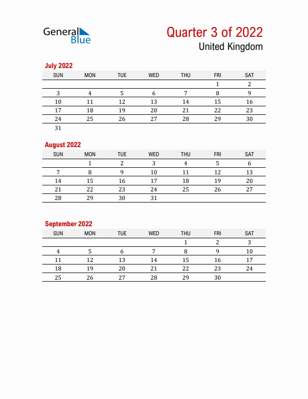 Printable Three Month Calendar with United Kingdom Holidays