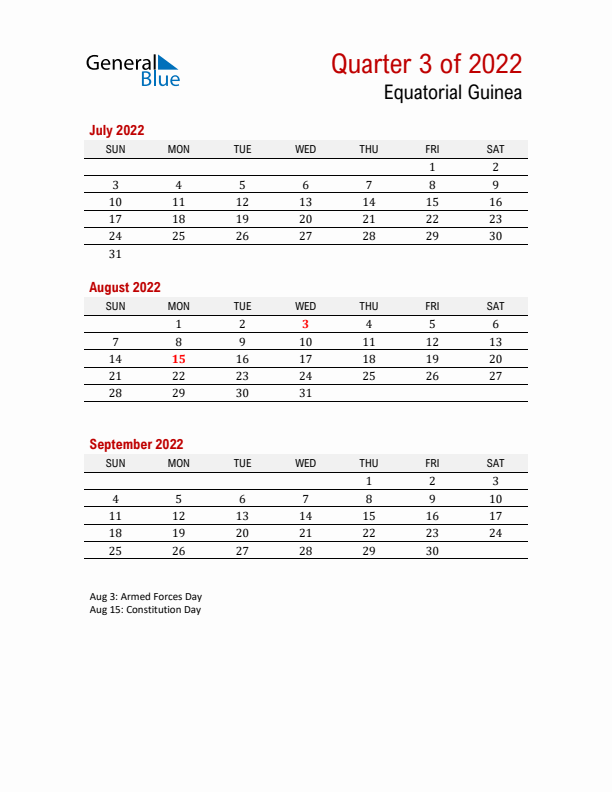 Printable Three Month Calendar with Equatorial Guinea Holidays