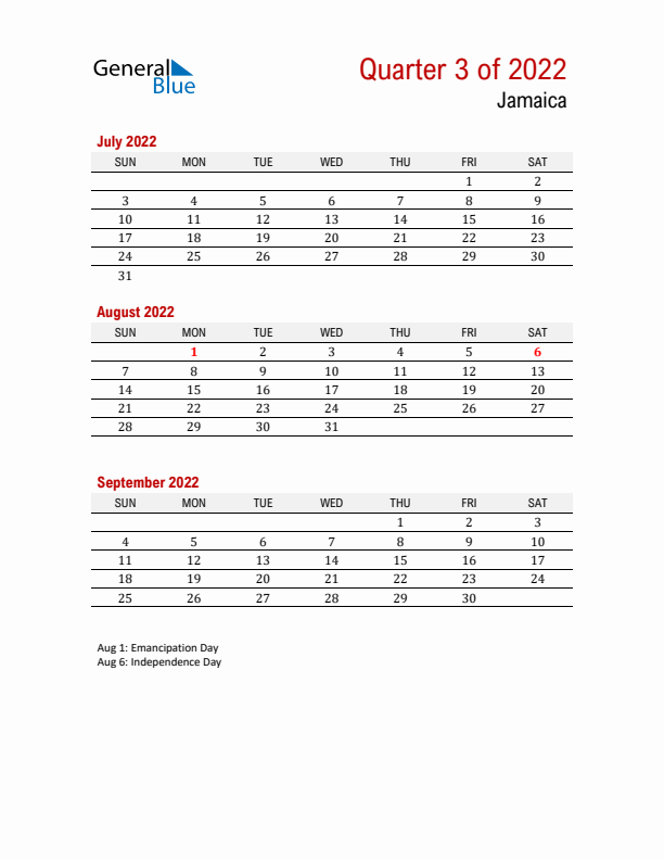 Printable Three Month Calendar with Jamaica Holidays