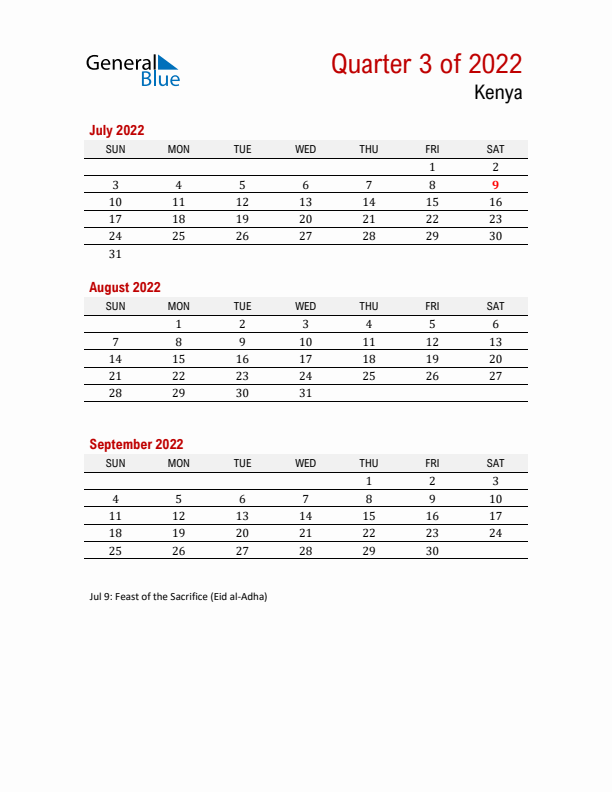 Printable Three Month Calendar with Kenya Holidays