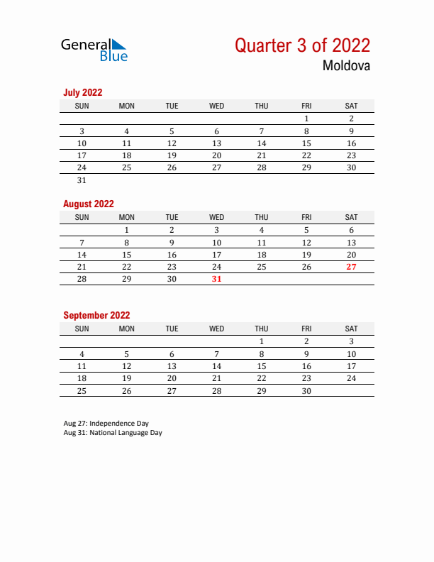 Printable Three Month Calendar with Moldova Holidays