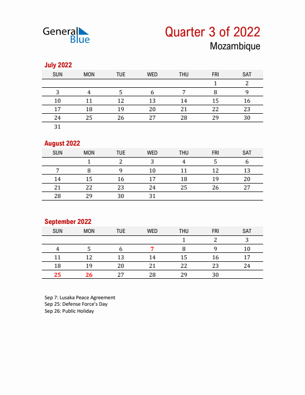 Printable Three Month Calendar with Mozambique Holidays