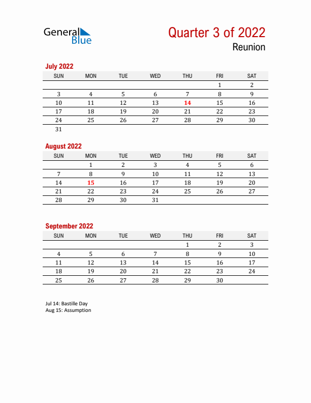 Printable Three Month Calendar with Reunion Holidays