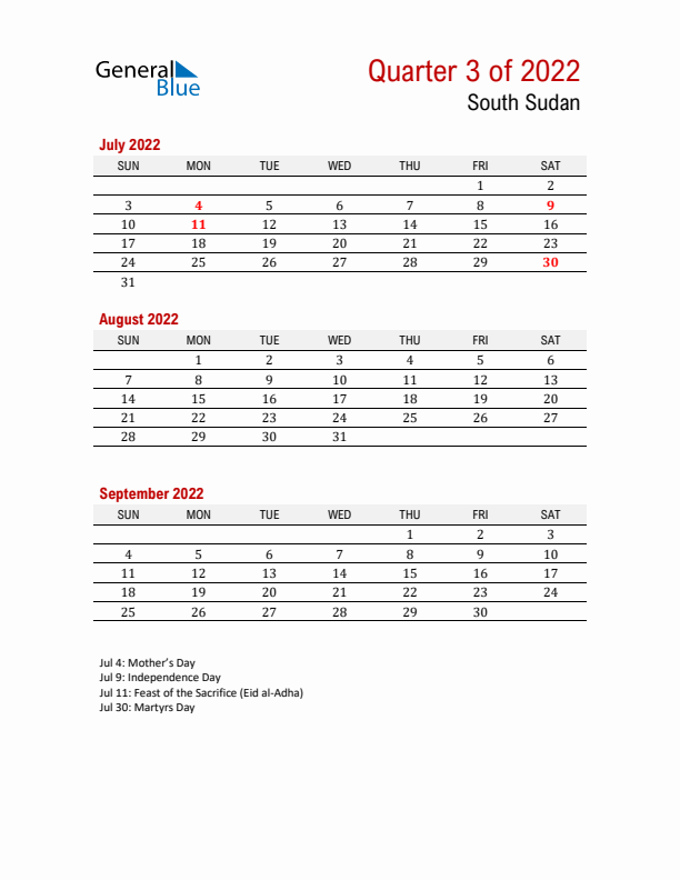 Printable Three Month Calendar with South Sudan Holidays