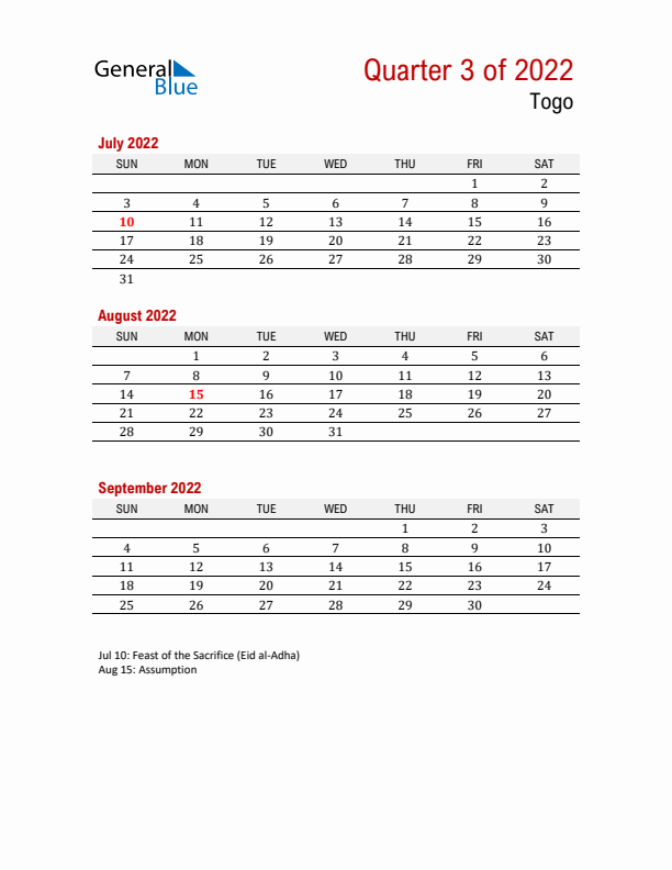 Printable Three Month Calendar with Togo Holidays