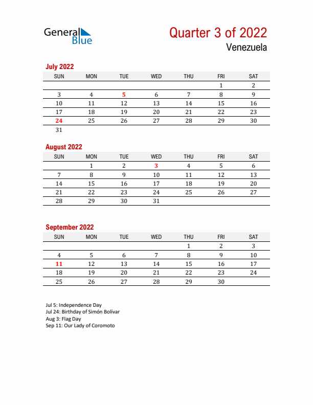 Printable Three Month Calendar with Venezuela Holidays