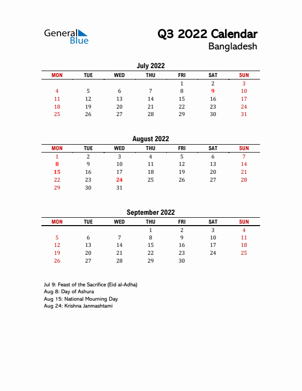 2022 Q3 Calendar with Holidays List for Bangladesh