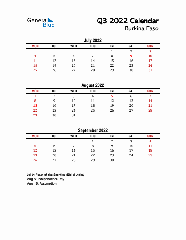 2022 Q3 Calendar with Holidays List for Burkina Faso