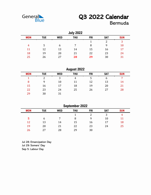 2022 Q3 Calendar with Holidays List for Bermuda