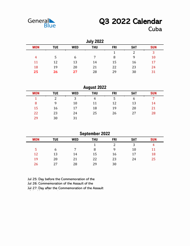 2022 Q3 Calendar with Holidays List for Cuba