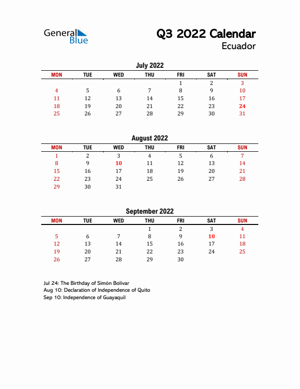 2022 Q3 Calendar with Holidays List for Ecuador