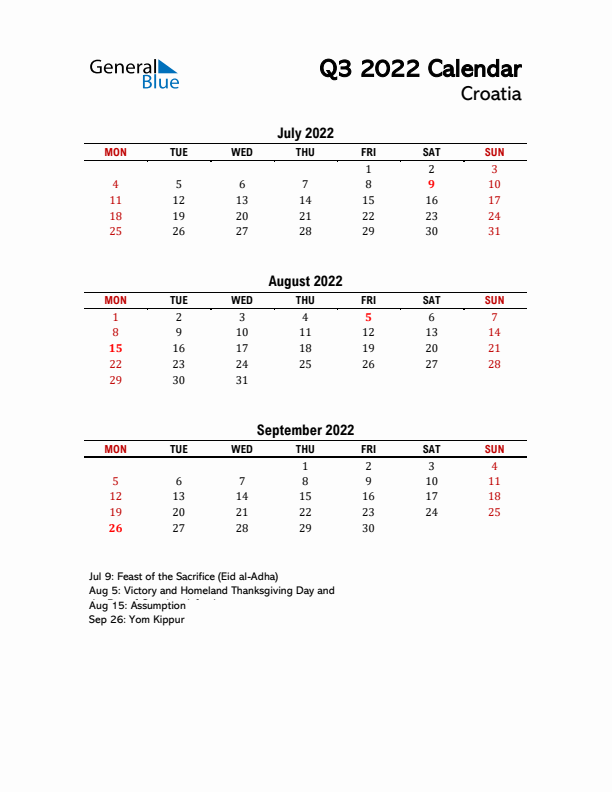 2022 Q3 Calendar with Holidays List for Croatia