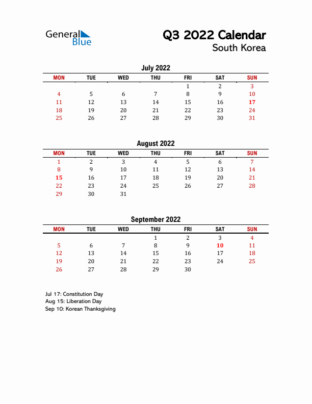 2022 Q3 Calendar with Holidays List for South Korea