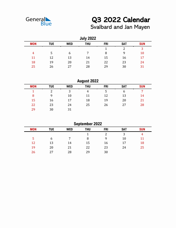 2022 Q3 Calendar with Holidays List for Svalbard and Jan Mayen