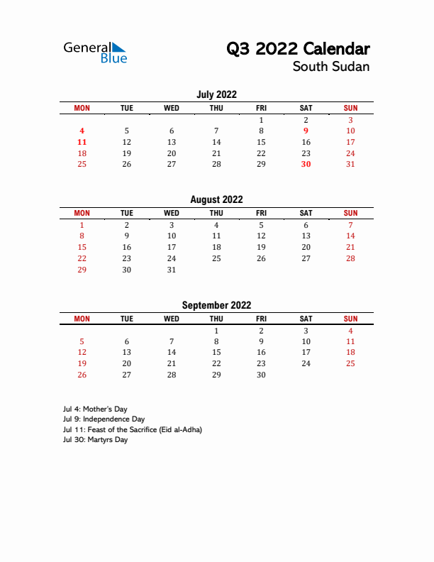 2022 Q3 Calendar with Holidays List for South Sudan