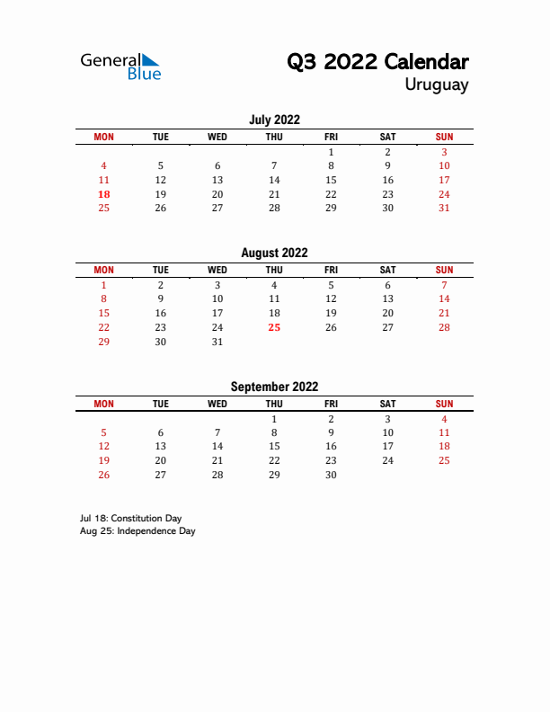 2022 Q3 Calendar with Holidays List for Uruguay