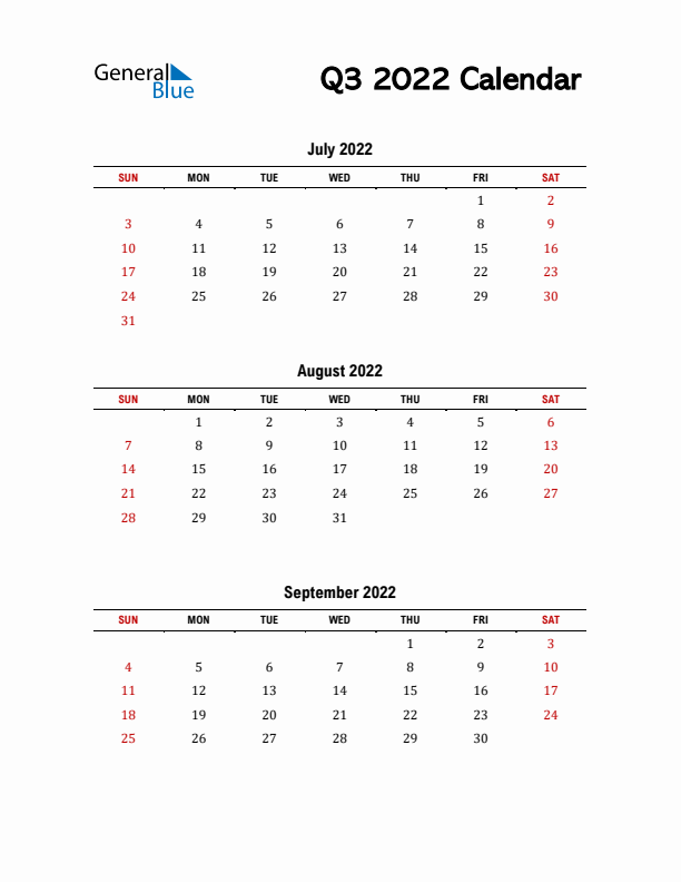 2022 Q3 Calendar with Red Weekend