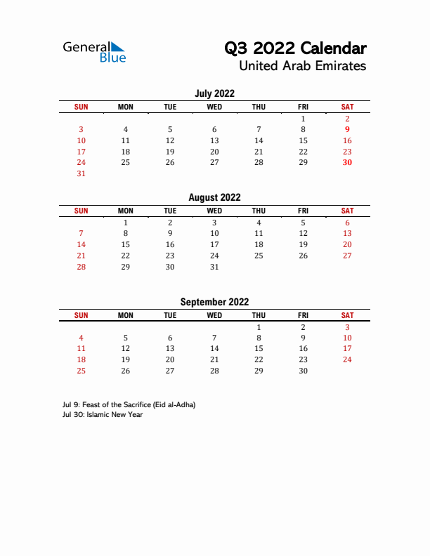 2022 Q3 Calendar with Holidays List for United Arab Emirates